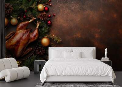 a christmas Menue with roast goose on brown background with copy space Wall mural