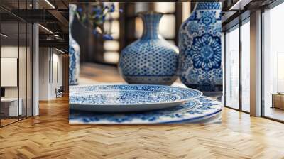 a close up of a plate on a table with a blue and white mosaic design on it and two vases and a plate on the side of the table. hyper realistic  Wall mural