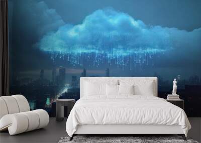 A glowing cloud of connected data points hangs over a city skyline, representing the concept of cloud computing. Wall mural