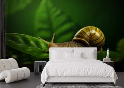 A green leaf serves as the path for the slow movement of a snail  Wall mural