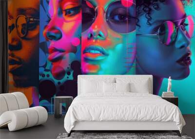 A mosaic of diversity illustrated with retro psychedelic gradients of orange blue and teal 80s and 90s style blend Wall mural