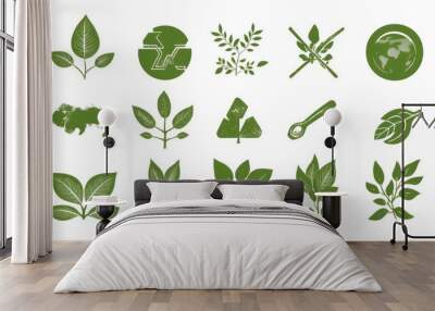 a set of pieces of Silhouette eco simbols hand draw Icon. on solid white background. Green icons Wall mural