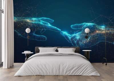 Abstract background of hands touching digital transformation virtual screen. Technology connection Dots and lines for futuristic cyber technology and network connection hyper realistic  Wall mural