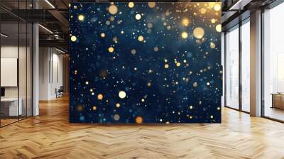 Abstract background with gold stars, particles and sparkling on navy blue. Christmas Golden light shine particles bokeh on navy blue background. 2024 New year background. Gold foil texture. Wall mural