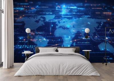 Abstract digital world map on blue background with binary code and global network connection technology concept, data transfer and cyber security in the cyberspace Wall mural