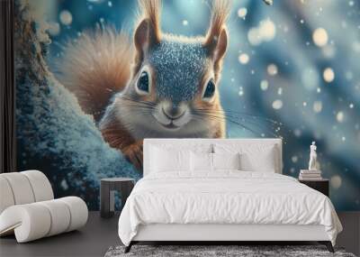 Amazing card with funny fluffy squirrel on a tree on a beautiful magical background.The face of a squirrel with tufted ears and black eyes close-up. Wild animals in winter or springtime in forest Wall mural