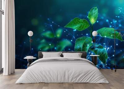 An abstract illustration of plant sprout biotechnology. Seedling tree leaves with DNA genome engineering vitamin supplement isolated on a dark blue background. This is a low poly wireframe mesh Wall mural