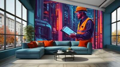 An engineer in a hard hat and safety vest closely monitoring systems with a clipboard in a high-tech industrial plant. Wall mural