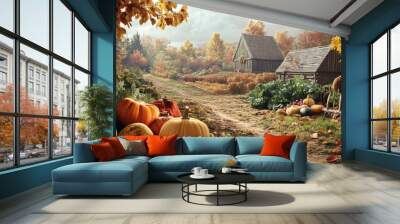 Authentic Thanksgiving Day traditions in a rural countryside, vegetable harvest outdoors and autumn leaves and trees background. Generative AI Wall mural