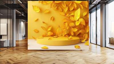 background products display a podium scene with a geometric platform of yellow leaves, 3d, background, Wall mural