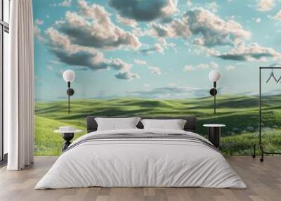 Beautiful summer landscape with green meadow and blue sky with clouds, Hilly green landscape view with green grass and beautiful sky, AI Generated hyper realistic  Wall mural