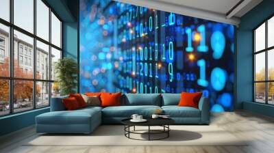 Blue digital binary data on computer screen background hyper realistic  Wall mural