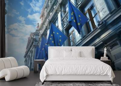 Brus building Parliament European front waving flags EU europa flag union commission brussels government summit belgium community business architecture euro background office law economy Wall mural