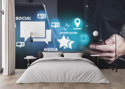 business network communication concept, person hand using smartphone on online cyberspace technology for digital social media connection, showing mobile web marketing with emotion icon on phone device Wall mural