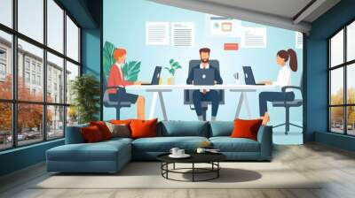 Business team, group of flat vector illustrations and working together in office workplace concept. in business improvement Co-working space internet communication Wall mural