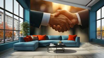 Businessman handshake for teamwork of business merger and acquisition,successful negotiate,hand shake,two businessman shake hand with partner to celebration partnership and business deal concept Wall mural