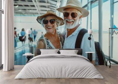 Cheerful senior couple ready to go travelling together. Retired man and woman waiting to board a plane at an airport. Summer vacation and holidays older people. hyper realistic  Wall mural