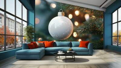 Christmas white glossy round bauble ornament on christmas tree with decoration and blurred bokeh lights background. Wall mural