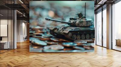 Close-up of a miniature tank on scattered coins with a bokeh background, symbolizing military funding and financial conflict. Wall mural