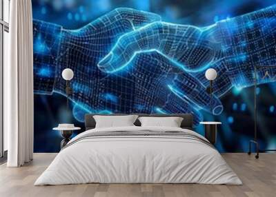 Digital handshake on blue technology background. Business partnership concept. Wall mural