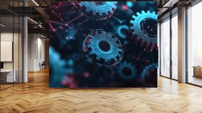 Digital polygonal mesh with dots, lines, and shapes of abstract modern 3D gear wheels in dark background. Mechanical technology machine engineering wireframe. Wall mural