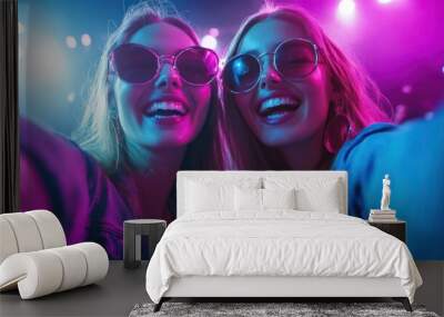 energetic selfie of female friends enjoying live music concert in arena lifestyle photo Wall mural