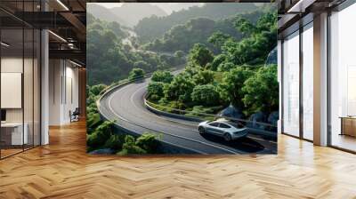 EV (Electric Vehicle) electric car is driving on a winding road that runs through a verdant forest and mountains hyper realistic  Wall mural