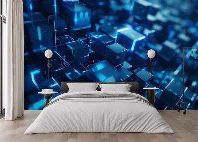 Futuristic blue digital geometric technology cube background banner illustration 3D - Glowing blue shape texture wall hyper realistic  Wall mural