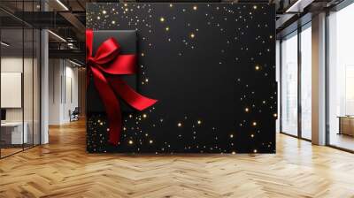 gift card wishes merry christmas background with red ribbon bow on black shiny vibrant color texture template with blank copy space Wall mural