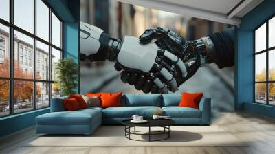 handshake between robot and human partners or friends. Wall mural