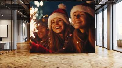 Happy Friends with Christmas Sparklers, Fun Winter Party, Xmas Holidays People, Bengal Fire Wall mural