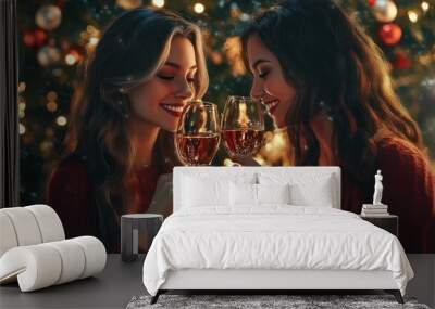 happy girlfriends celebrating Christmas together. Wall mural