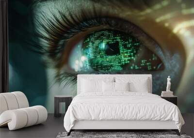 Human eye close-up on green tech background, hacker face and digital data pattern. Concept of cyber security, technology, future, hack, network, Wall mural