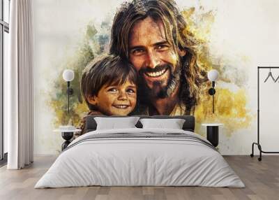 Jesus Christ with a kid in his arms, smiling. Digital watercolor painting transparent background Wall mural