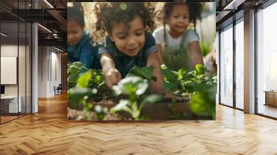 Kids at a community garden, tending to their plants and flowers with enthusiasm. Planting, and enjoying their labor as their garden flourishes hyper realistic  Wall mural