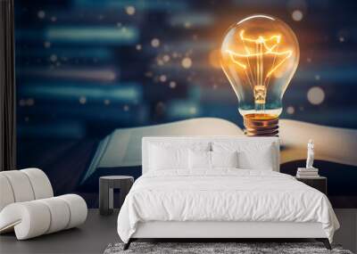 Light bulb glowing on book, idea of ​​inspiration from reading, innovation idea concept, Self learning or education knowledge and business studying concept. Wall mural