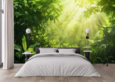 lush green natural scenery with vibrant foliage and sunlit background tranquil landscape digital painting Wall mural