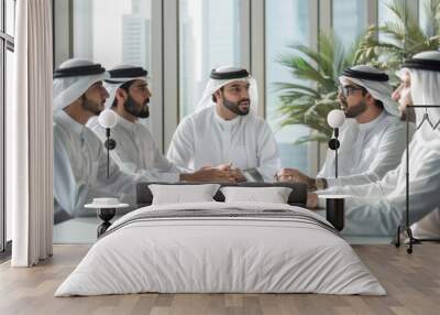 Middle-eastern executives in traditional Emirati attire holding a meeting in Dubai's office - UAE business team collaborating and generating ideas. hyper realistic  Wall mural