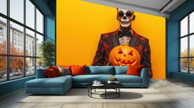 Photo of scary dead man on halloween wearing classical suit and creepy makeup holding carved pumpkin, isolated over yellow background Wall mural