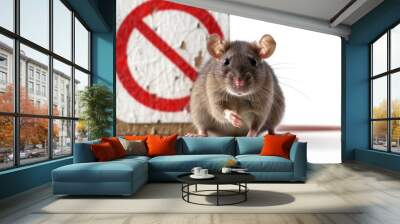 rat on white background, prohibition sign in the background. concept of rat extermination  Wall mural