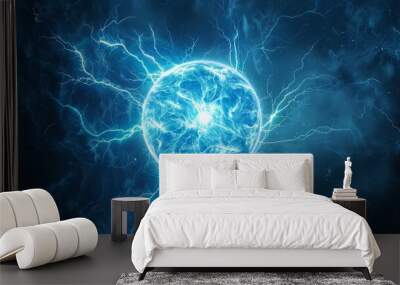 science sphere plasma nuclear power fusion abstract glowing energy background blast ball electricity Glowing space lightning plasma light electric bright glow f blue background explosion futuristic Wall mural