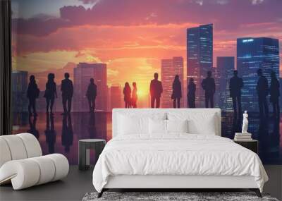 Silhouettes of business people against urban skyline at sunset Wall mural