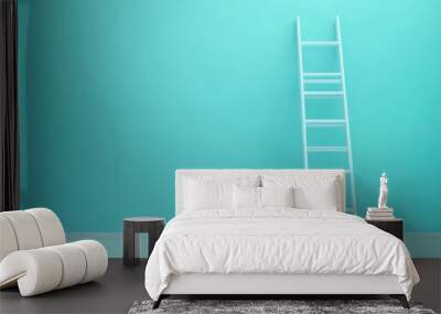 Single white ladder leaning against pastel blue wall minimal career, opportunity or goal concept Wall mural