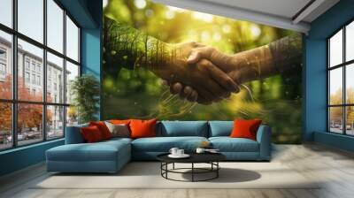 Sustainability in business, two partner are shaking hands in office, Deal, Collaborative teamwork, Environmental, climate change, blur green forrest background, negotiation. Generative Ai Wall mural