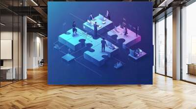 This isometric landing page represents a team of business people working at an office desk in the shape of connected puzzle pieces. The concept of cooperation, partnership, and connection is Wall mural