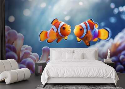 two orange clownfish swimming in aquarium underwater diving and vivid tropical fish hidding in bubble tip anemone real sea life Wall mural