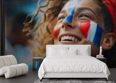 Vibrant Portrait of a Joyful Female French Supporter with a French Flag Painted on Her Face, Celebrating at UEFA EURO 2024 Wall mural