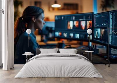 Woman Editing Video Content on Multiple Monitors Wall mural