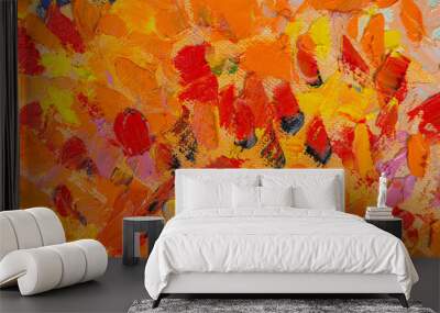 Abstract creative background: streaks and strokes of bright oil paint on linen canvas before tone priming Wall mural