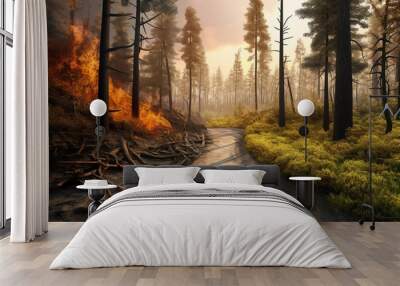 A forest path splitting into two one leading Wall mural